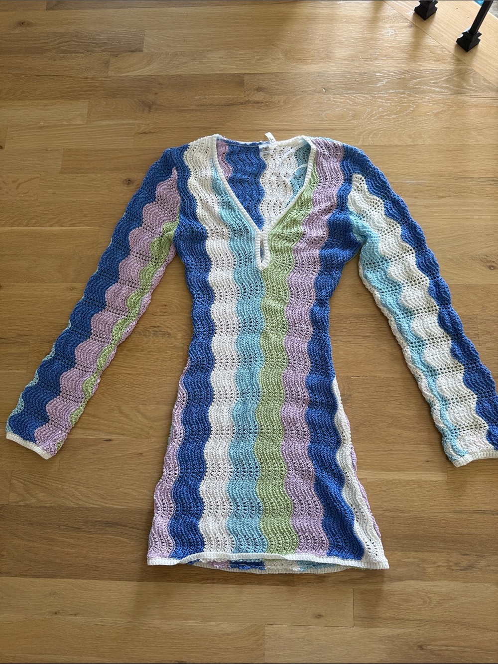Lulu's Crochet Wave Knit Swim Coverup in Blue, White, Lilac & Mint
